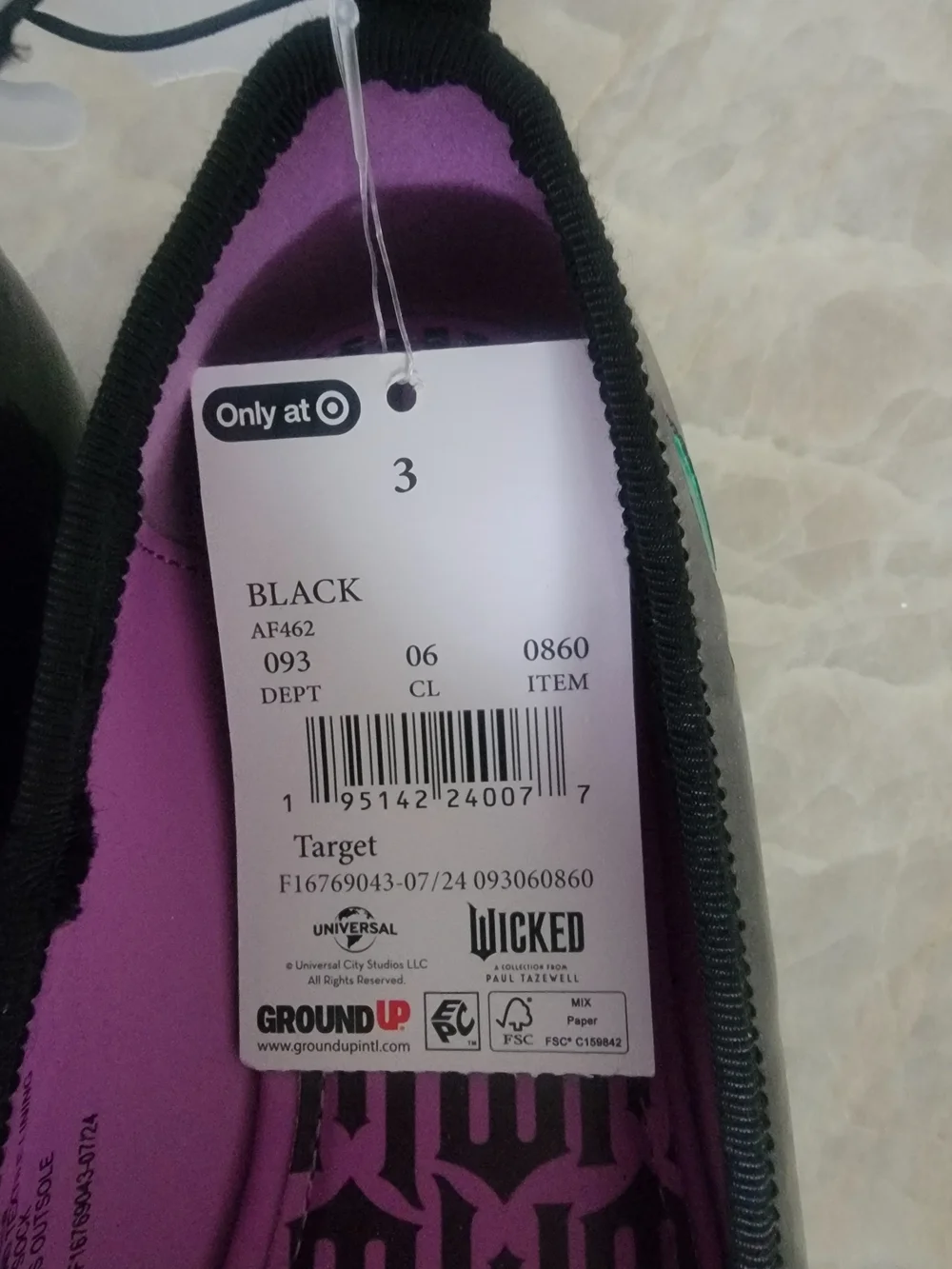 Kids Black Ballet Flats with Purple Insole and Green Accent -Wicked Size 3 & 11T